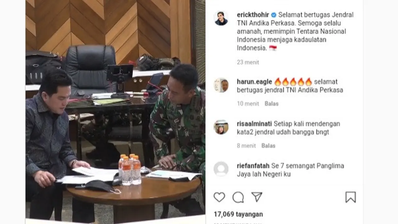 Menteri BUMN Erick Thohir mengunggah secuplik video momen bersama Jenderal TNI Andika Perkasa.