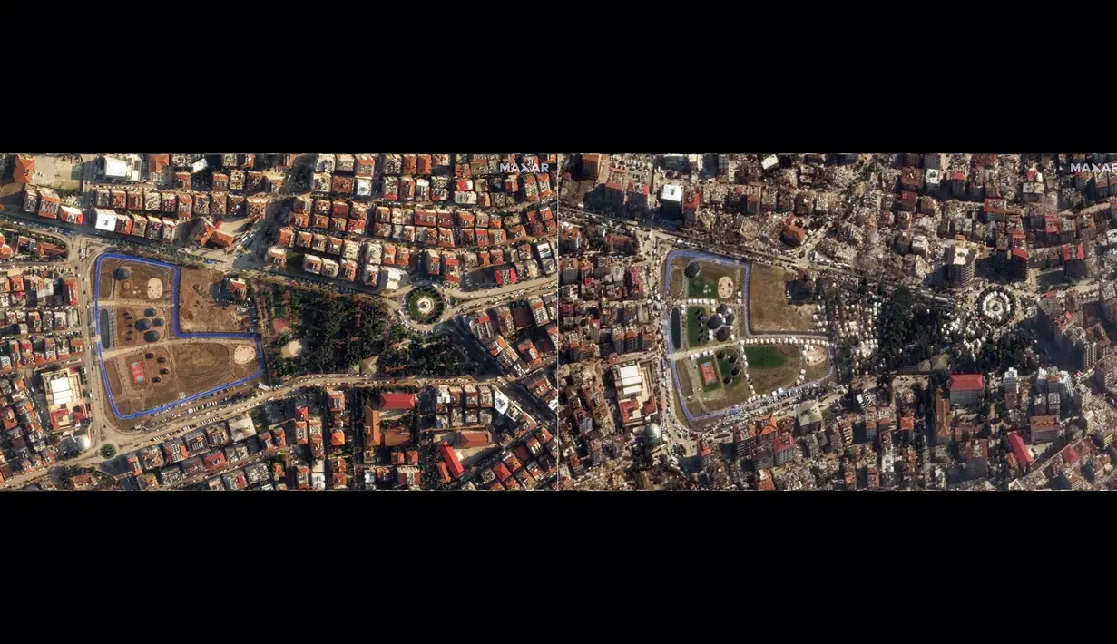 Kombinasi gambar yang dibuat dari citra satelit handout milik Maxar Technologies yang menunjukkan gambaran umum Antakya (foto kiri), Turki pada 22 Desember 2022, sebelum gempa bumi melanda wilayah tersebut pada 6 Februari 2023 dan gambar yang menunjukkan gedung-gedung yang runtuh dan tenda-tenda darurat di Antakya (foto kanan), Turki pada 8 Februari 2023, setelah gempa bumi berkekuatan 7,8 SR yang melanda wilayah tersebut. Tim penyelamat terus berupaya menyelamatkan para penyintas yang terperangkap di bawah puing-puing dalam cuaca yang sangat dingin. (AFP/CITRA SATELIT ©2023 MAXAR TECHNOLOGIES)