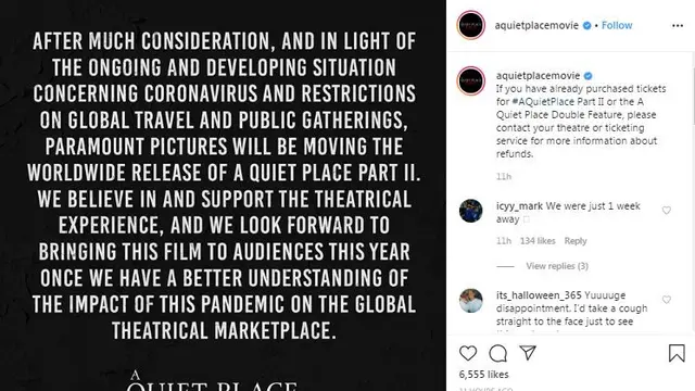 Pengumuman dari pihak Paramount Pictures. (Foto: Instagram @aquietplacemovie)