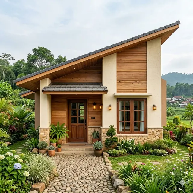 Desain Fasad Rumah Desa dengan Atap Miring