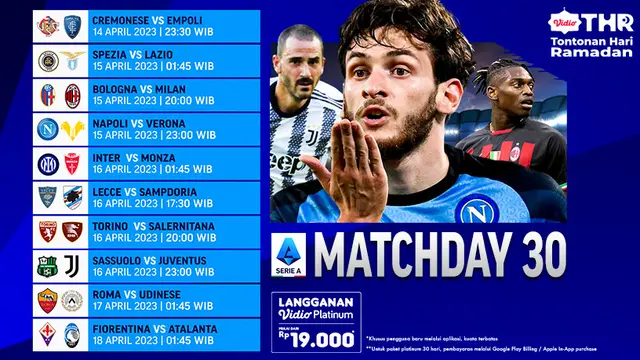 Daftar 10 Pertandingan Serie A Liga Italia Live Vidio 14-17 April : Cremonese Vs Empoli, Spezia Vs Lazio