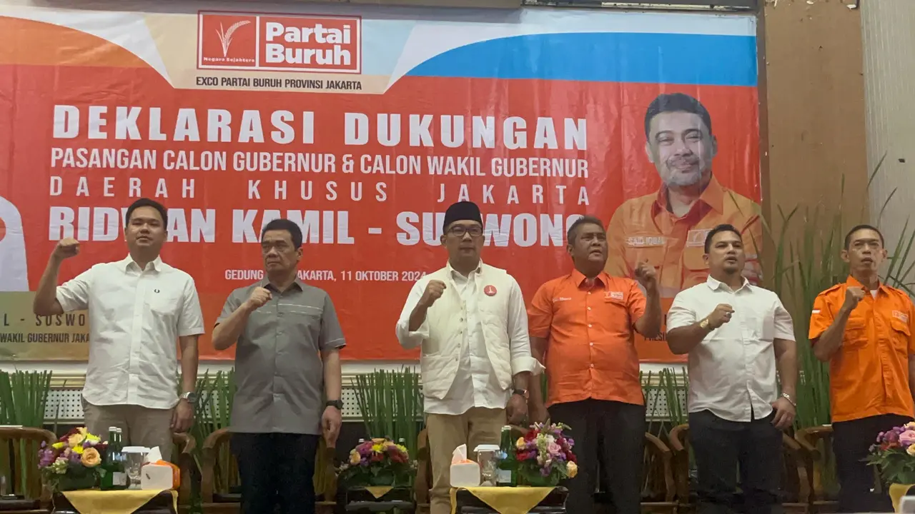 Partai Buruh resmi mendeklarasikan dukungan kepada Calon Gubernur (Cagub) dan Wakil Gubernur (Cawagub) Jakarta Nomor Urut 1 Ridwan Kamil (RK)-Suswono di Pilkada Jakarta 2024.