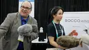 Pengunjung memegang robot Qoobo saat pameran teknologi CES 2020 di Las Vegas, Amerika Serikat, Minggu (5/1/2020). Qoobo adalah robot terapi berbentuk bantal dengan ekor. (AP Photo/John Locher)