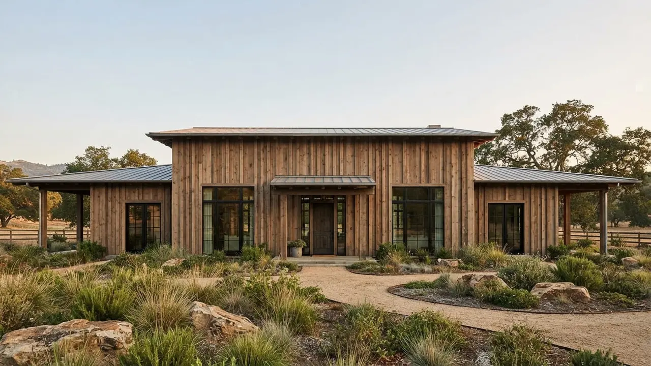 Model Fasad Rumah dengan Aksen Kayu Vertikal