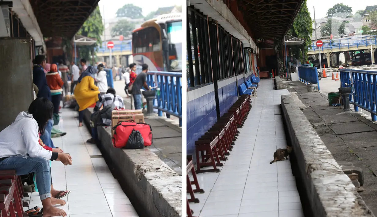 Foto kiri menggambarkan situasi Terminal Kampung Rambutan pada Senin (30/3/2020). Foto kanan menggambarkan situasi Terminal Kampung Rambutan pada Sabtu (25/4/2020). Guna memutus mata rantai penularan Covid-19, pemerintah resmi melarang mudik pada Jumat (24/4) lalu. (Liputan6.com/Helmi Fithriansyah)