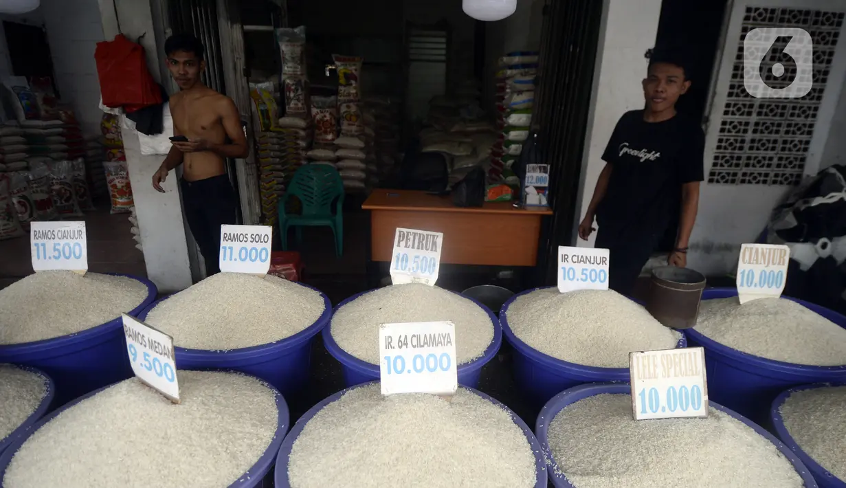 Pedagang beras menunggu pembeli di sebuah toko di Jalan Raya Pamulang Timur, Tangerang Selatan, Banten, Kamis (22/7/2020). Stok beras masih aman selama masa pandemi COVID-19 saat ini. (merdeka.com/Dwi Narwoko)