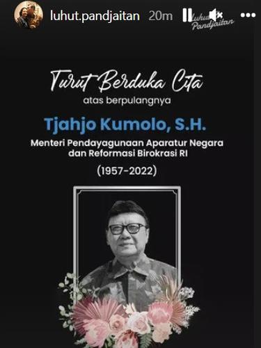 Menteri Koordinator Bidang Kemaritiman dan Investasi Luhut Binsar Pandjaitan menyampaikan belasungkawa atas meninggalnya MenPAN-RB Tjahjo Kumolo. (Photo dok. https://www.instagram.com/luhut.pandjaitan)