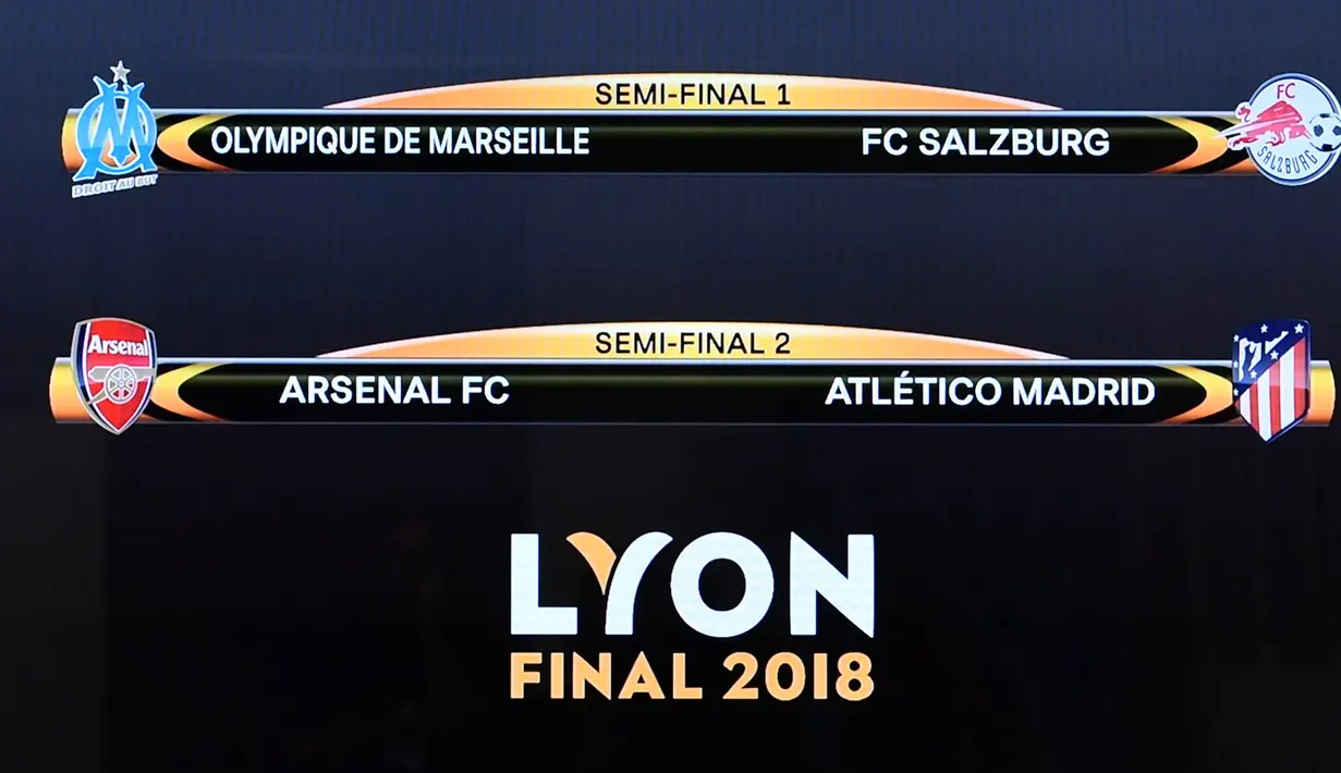 Hasil undian semifinal Liga Europa di Nyon, Swiss, Jumat (13/4/2018). Arsenal akan melawan Atletico Madrid, Marseille melawan Salzburg. (AFP/Fabrice Coffrini)