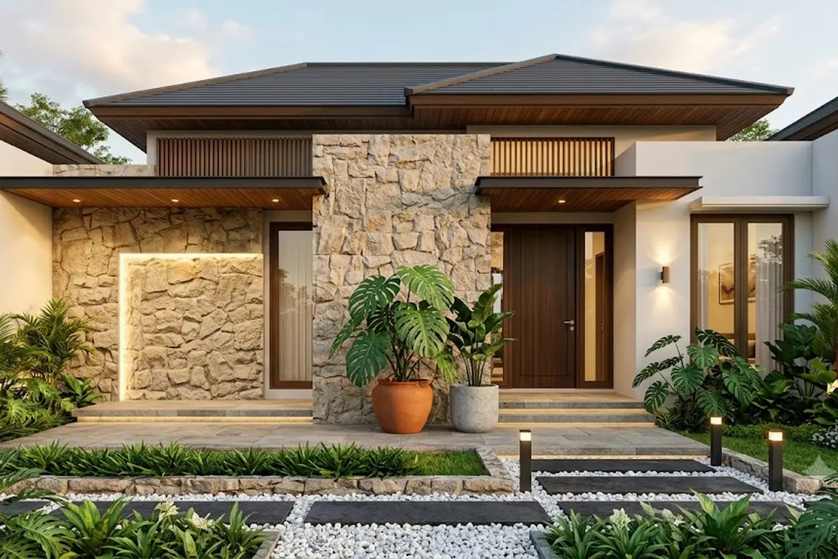 Ide Teras Dinding Batu Tempel dan Monstera