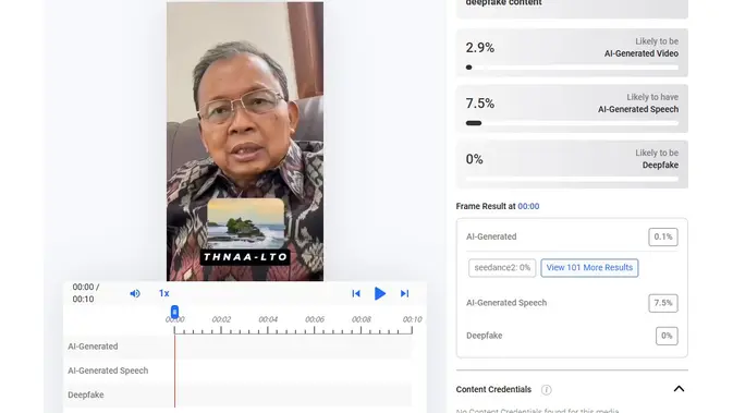 Video Gubernur Bali I Wayan Koster membagikan uang tunai Rp 100 juta dengan cara menjawab kuis susun kata menunjukkan hasil AI. (Foto: tangkapan layar Hive Moderation)