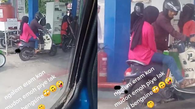 Seorang Pria Dorong Motor untuk Isi BBM, Ceweknya Malah Tetap Santai