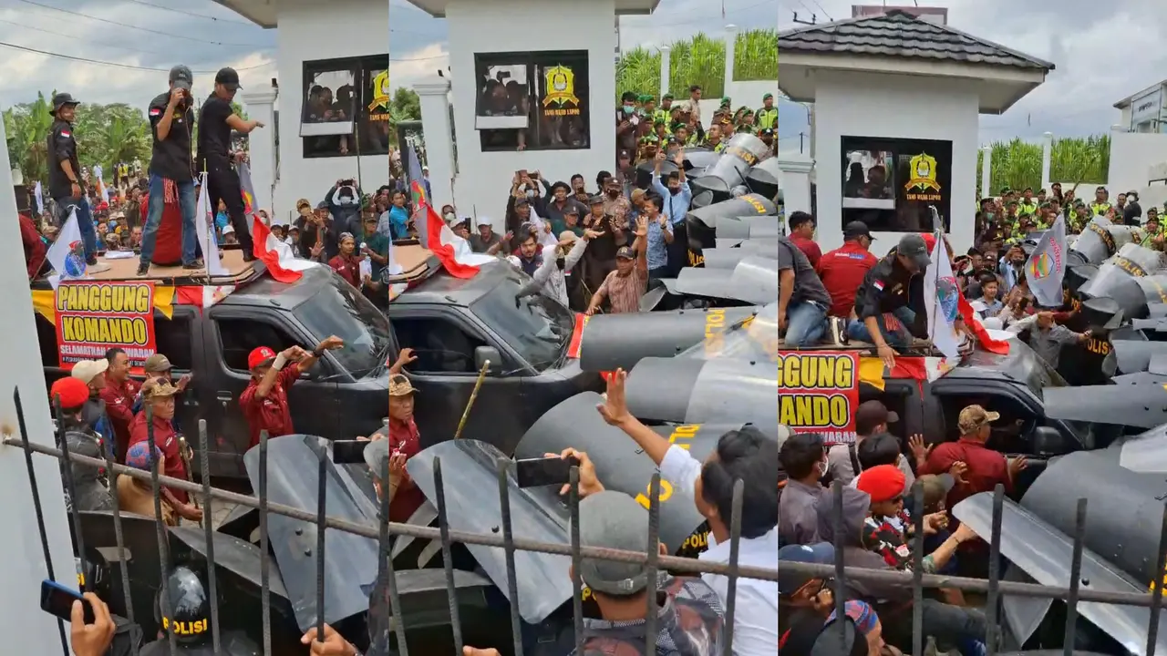 Kericuhan terjadi saat seribuan massa menggelar aksi demonstrasi di depan kantor Komisi Pemilihan Umum (KPU) Kabupaten Pesawaran. Foto : Istimewa).