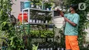 Petugas beraktivitas di ruang edukasi anak di halaman Kantor Kelurahan Karet, Jakarta Selatan, Selasa (30/3/2021). Ruang terbuka yang berkonsep mini zoo ini memiliki sejumlah koleksi hewan peliharaan seperti kelinci, burung dan ikan hias. (Liputan6.com/Johan Tallo)