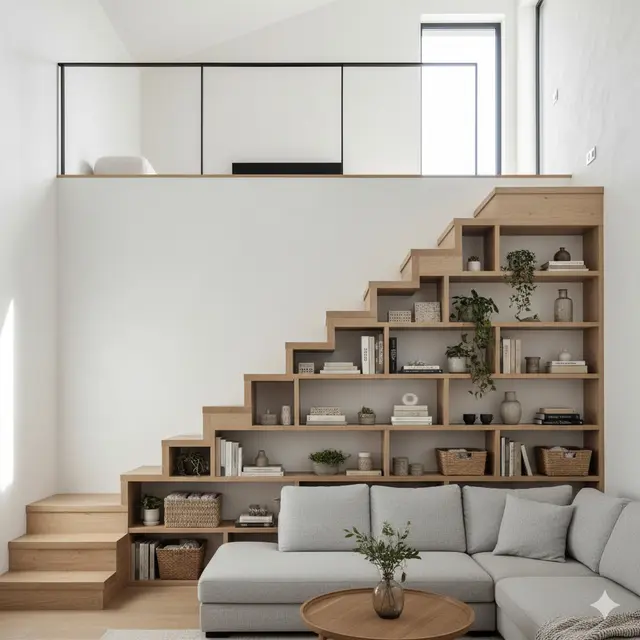 Model Rumah Kecil Mezzanine dengan Rak Tangga Multifungsi