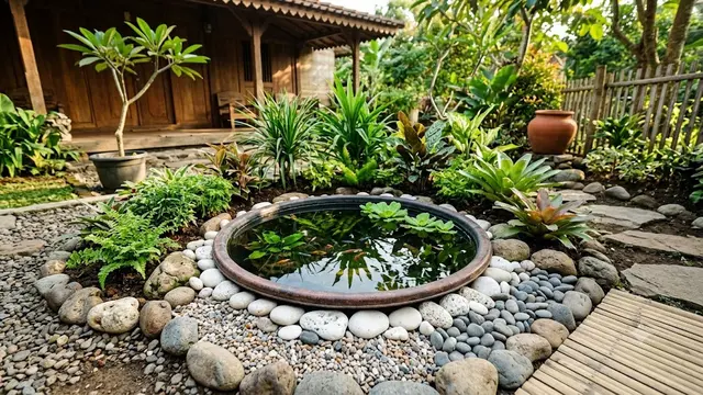 Inspirasi Kolam Mini dari Baskom Bekas di Belakang Rumah