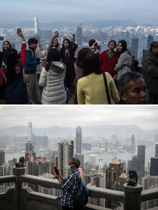 Wisatawan mengambil gambar di Peak di Hong Kong pada 26 Desember 2015 (atas) dan seorang pria mengenakan masker sebagai tindakan pencegahan terhadap penyebaran virus corona (COVID-19) di lokasi yang sama pada 7 Maret 2020. (DALE de la REY, Vivek PRAKASH/AFP)