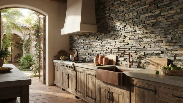Model Backsplash Dapur dengan Motif Batu