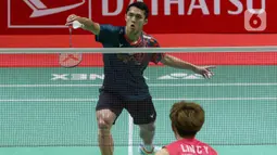 Jonatan Christie menang 2-1 dalam pertarungan tiga set melawan Lin Chun-yi (21-9, 10-21, dan 21-15). (Liputan6.com/Herman Zakharia)