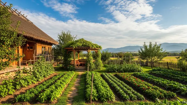Kebun Produktif di Halaman Samping dengan Gazebo