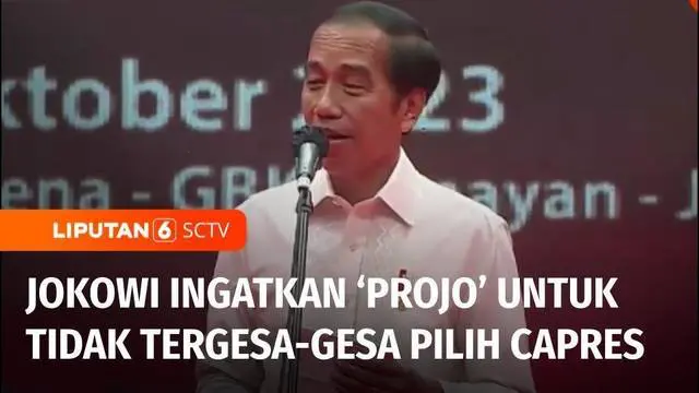 Hadir dari Presiden Joko Widodo yang meminta kepada para relawan Pro Jokowi atau Projo tidak terburu-buru dalam menentukan bakal calon presiden. Di sela Rakernas Projo mendeklarasikan dukungan untuk Prabowo Subianto sebagai bakal calon presiden.