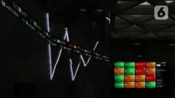 Layar yang menampilkan informasi pergerakan saham di gedung Bursa Efek Indonesia, Jakarta, Senin (8/6/2020).  Indeks Harga Saham Gabungan (IHSG) menguat 1,34% ke level 5.014,08 pada pembukaan perdagangan sesi I, Senin (8/6). (Liputan6.com/Angga Yuniar)