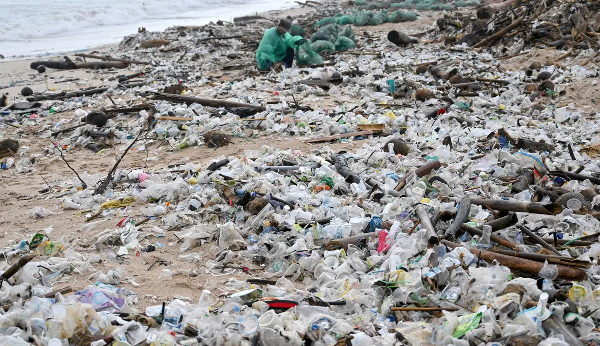 Seorang laki-laki mengumpulkan plastik dan sampah lainnya nan terdampar di pantai Kedonganan, Kabupaten Badung, Bali, pada Jumat 27 Desember 2024. (SONNY TUMBELAKA/AFP)