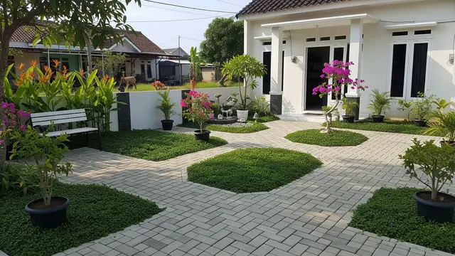 Inspirasi Taman Rumah di Desa Tanpa Rumput Model Taman Paving Block dan Groundcover