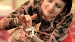 Seekor kucing diperiksa oleh juri saat mengikuti kompetisi kecantikan kucing internasional di Bucharest, Rumania (14/4). Kompitisi khusus kucing ini diadakan selama dua hari di ibu kota Rumania tersebut. (AP/Vadim Ghirda)