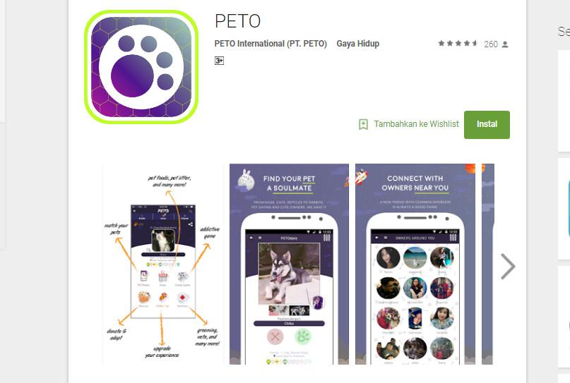 Aplikasi lokal untuk pemilik hewan peliharaan, Peto (Sumber: Google Play Store)