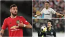 Gelandang Manchester United, Bruno Fernandes, berhasil memuncaki daftar top skor sementara Liga Europa 2019/2020 usai mencetak gol ke gawang Copenhagen pada laga perempat final. Berikut daftar top skor sementara Liga Europa musim ini. (kolase foto AFP)