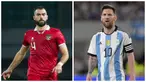 Foto kolase pemain timnas Indonesia, Jordi Amat (kiri), dalam pertandingan uji coba FIFA Matchday melawan timnas Burundi yang berlangsung di stadion Patriot Candrabhaga, Bekasi, Sabtu (25/3/2023). Dan ekspresi pemain Timnas Argentina, Lionel Messi dalam pertandingan uji coba FIFA Matchday melawan timnas Panama yang berlangsung di stadion Monumental, Sabtu (25/3/2023). (Bola.com/Bagaskara Lazuardi, AFP/Juan Mabromata)
