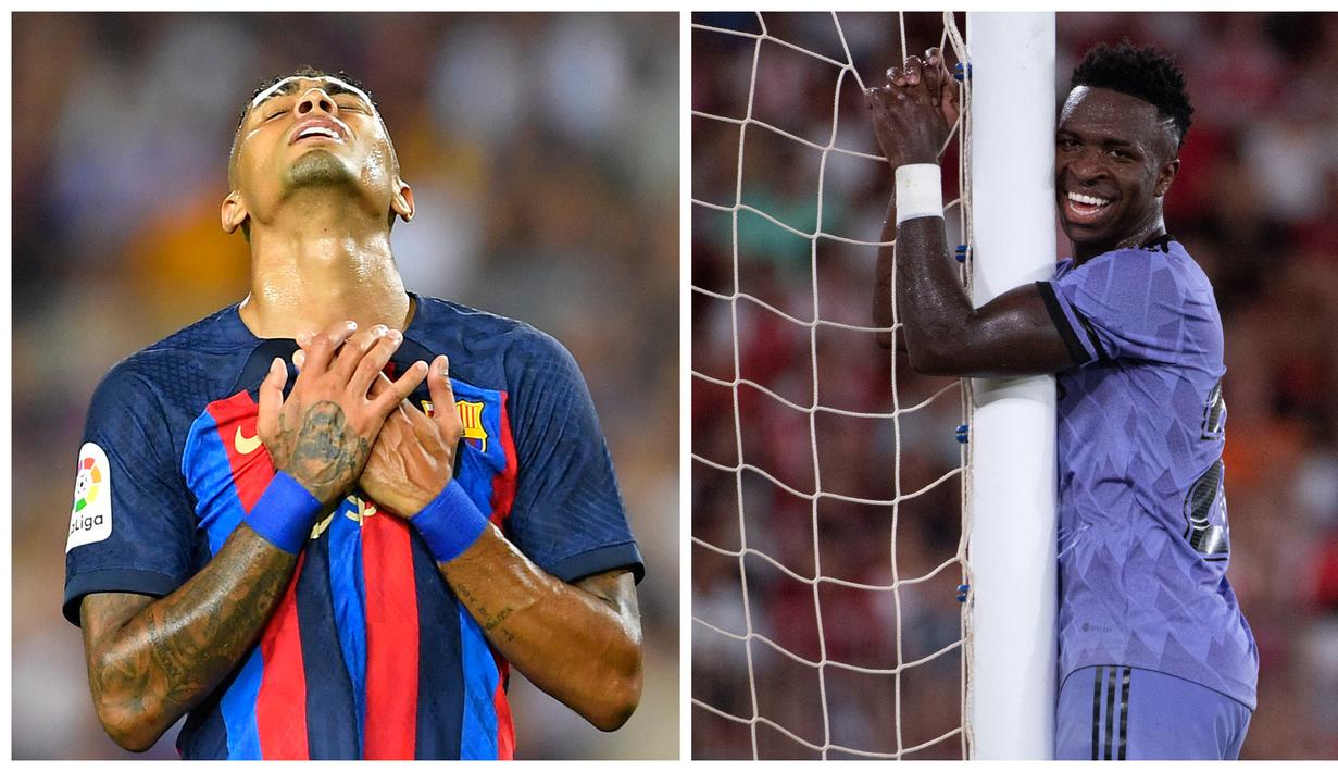 Foto kombo ekspresi dari pemain Barcelona, Raphinha (kiri) usai timnya bermain tanpa gol melawan Rayo Vallecano dan ekspresi pemain Real Madrid, Vinicius jr yang gagal mencetak gol saat melawan Almeria. (Foto: AFP/Pau Barrena, Jorge Guerrero)