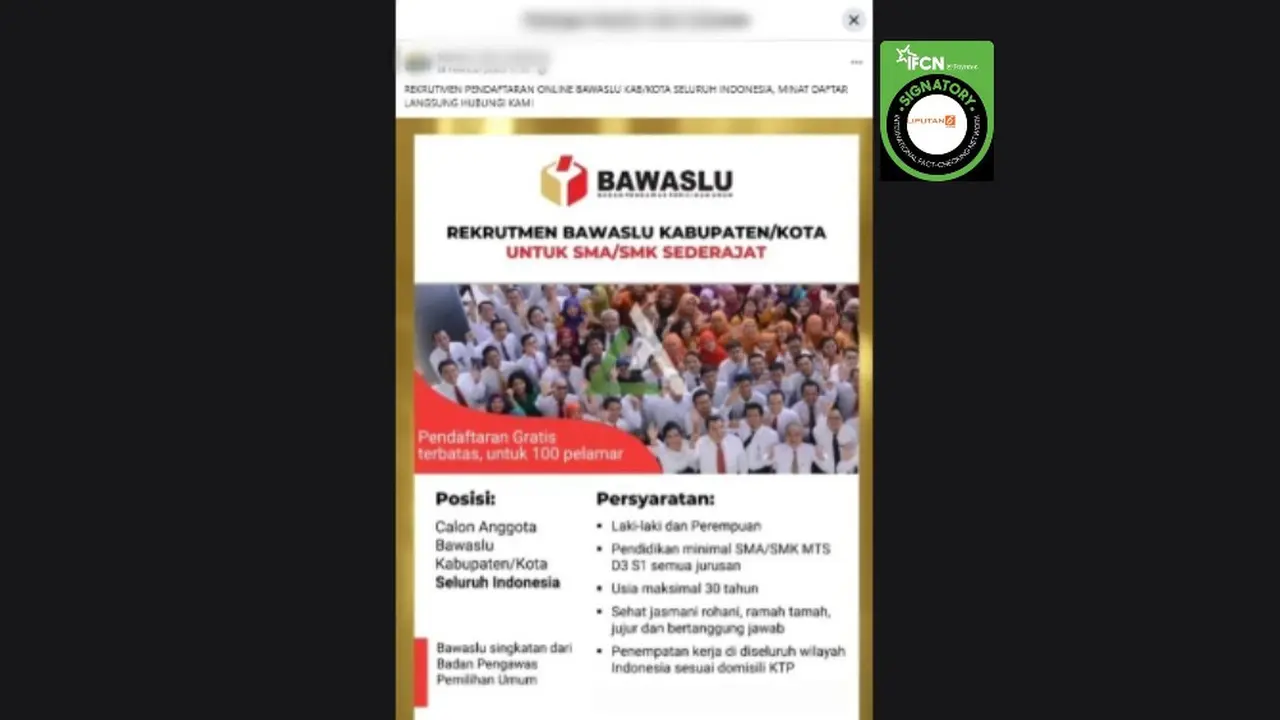 Cek Fakta Liputan6.com mendapati klaim link rekrutmen anggota Bawaslu Kabupaten/Kota melalui WhatsApp.