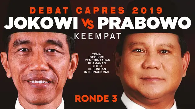 Debat keempat Pilpres 2019 sesi ketiga dengan tema Ideologi, Pertahanan dan Keamanan, Pemerintahan, serta Hubungan Internasional berlangsung di Hotel Shangri-La, Jakarta.