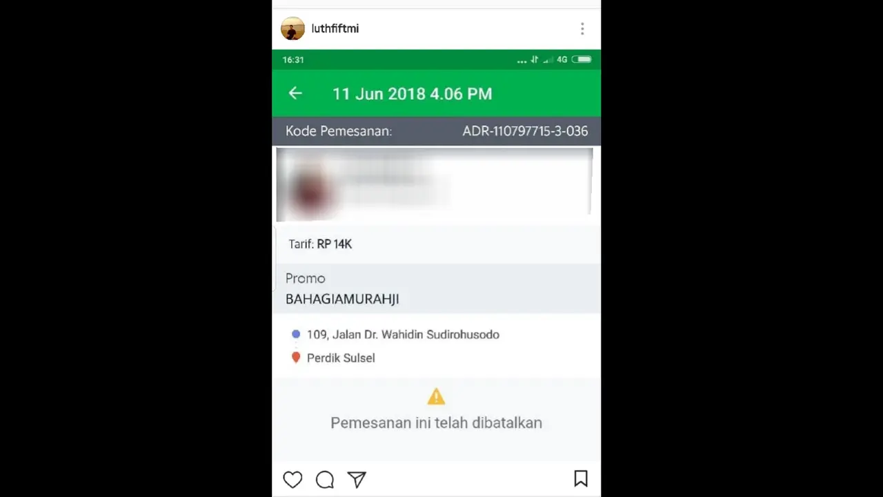 Tangkapan layar pengemudi ojek daring setelah membatalkan pesanan penyandang tunanetra (Instagram/@luthfiftmi)