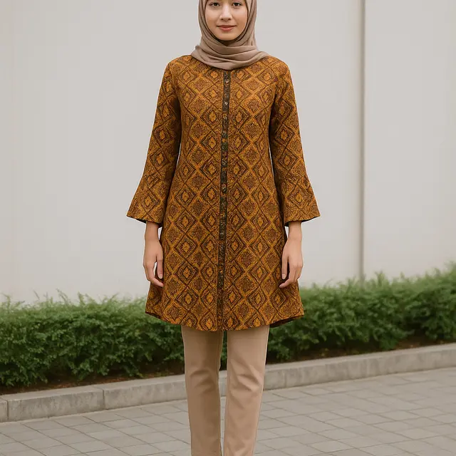 Tunik Batik A-Line Motif Kancing Depan yang Bisa Membuat Penggunanya Tampak Ramping/Via Chat GPT