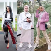 Ingin tampil lebih formal? Sontek gaya Maudy dengan kemeja putih dan celana etnik.