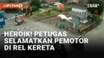 Kecelakaan fatal nyaris terjadi di perlintasan rel kereta di Martapura, Sumatera Selatan. CCTV merekam detik-detik aksi heroik seorang petugas menyelamatkan pemotor yang nyaris disambar kereta. Berawal dari sejumlah pemotor yang menerobos palang perl...