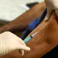 Perawat menyuntikkan vaksin corona Sputnik V di tengah pandemi yang sedang berlangsung di sebuah klinik di Moskow, Sabtu (5/12/2020). Presiden Rusia Vladimir Putin memerintahkan pihak berwenang memulai vaksinasi massal untuk orang-orang berisiko tinggi tertular Covid-19. (Kirill KUDRYAVTSEV/AFP)