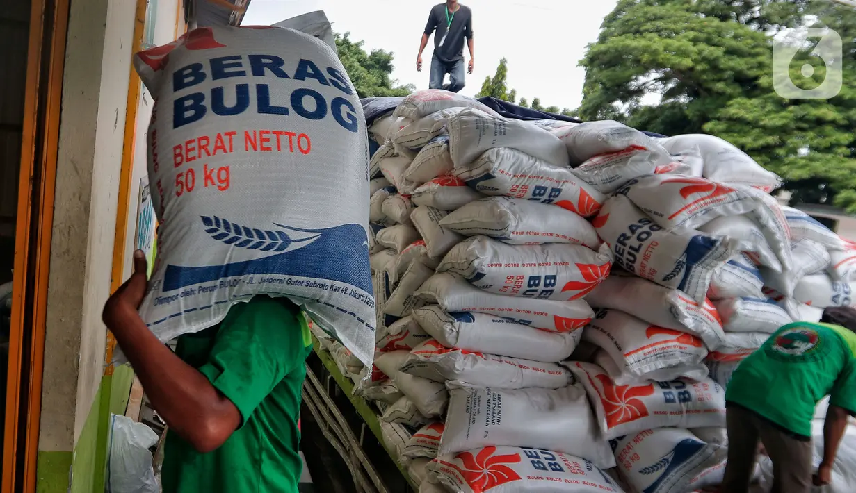 Seorang buruh memanggul beras bulog saat aktivitas bongkar muat, di gudang PT Food Station Tjipinang Jaya, Jakarta Timur, Jumat (3/2/2023). Guna memenuhi kebutuhan beras di Pasar Induk Beras Cipinang, Bulog juga akan menambah stok beras yang saat ini ada di Food Station dari 13 ribu ton menjadi 30 ribu ton. (Liputan6.com/Angga Yuniar)