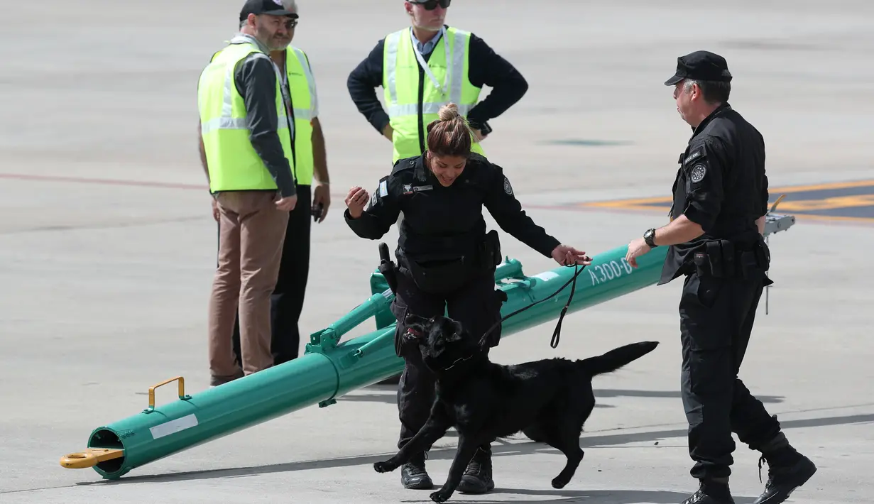 Polisi membawa anjing pelacak saat mereka menunggu kedatangan para pemimpin dunia dalam KTT G20 di Buenos Aires, Argentina, Kamis (29/11). Ribuan polisi dan agen keamanan menjaga 20 delegasi pemimpin dunia selama KTT G20. (AP Photo/Martin Mejia)