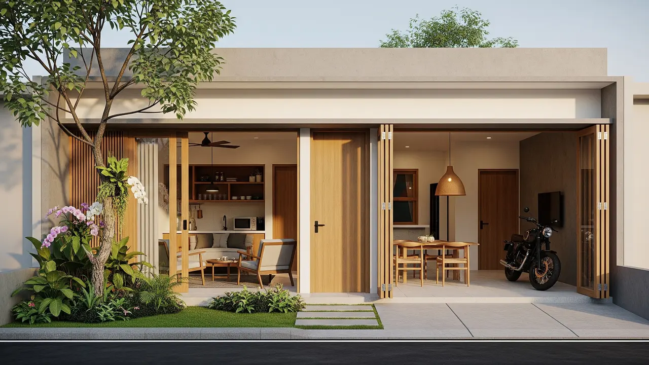 Contoh Desain Rumah 6x9 dengan Garasi Motor dan Taman Depan
