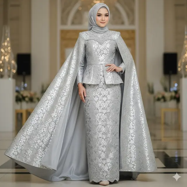 Dress Brokat Cape Silver Berkilau