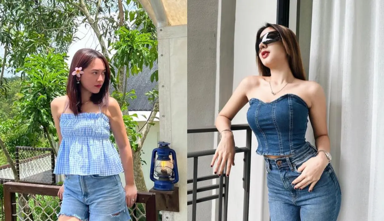 Bawahan denim bisa dipadukan ruffle top seperti Happy Asmara, atau denim bandeau crop top seperti Ghea Youbi.