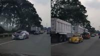 Rombongan VW melawan arus di tol Jagorawi mendapatkan pengawalan pihak kepolisian.(Instagram @kobayogasblog)