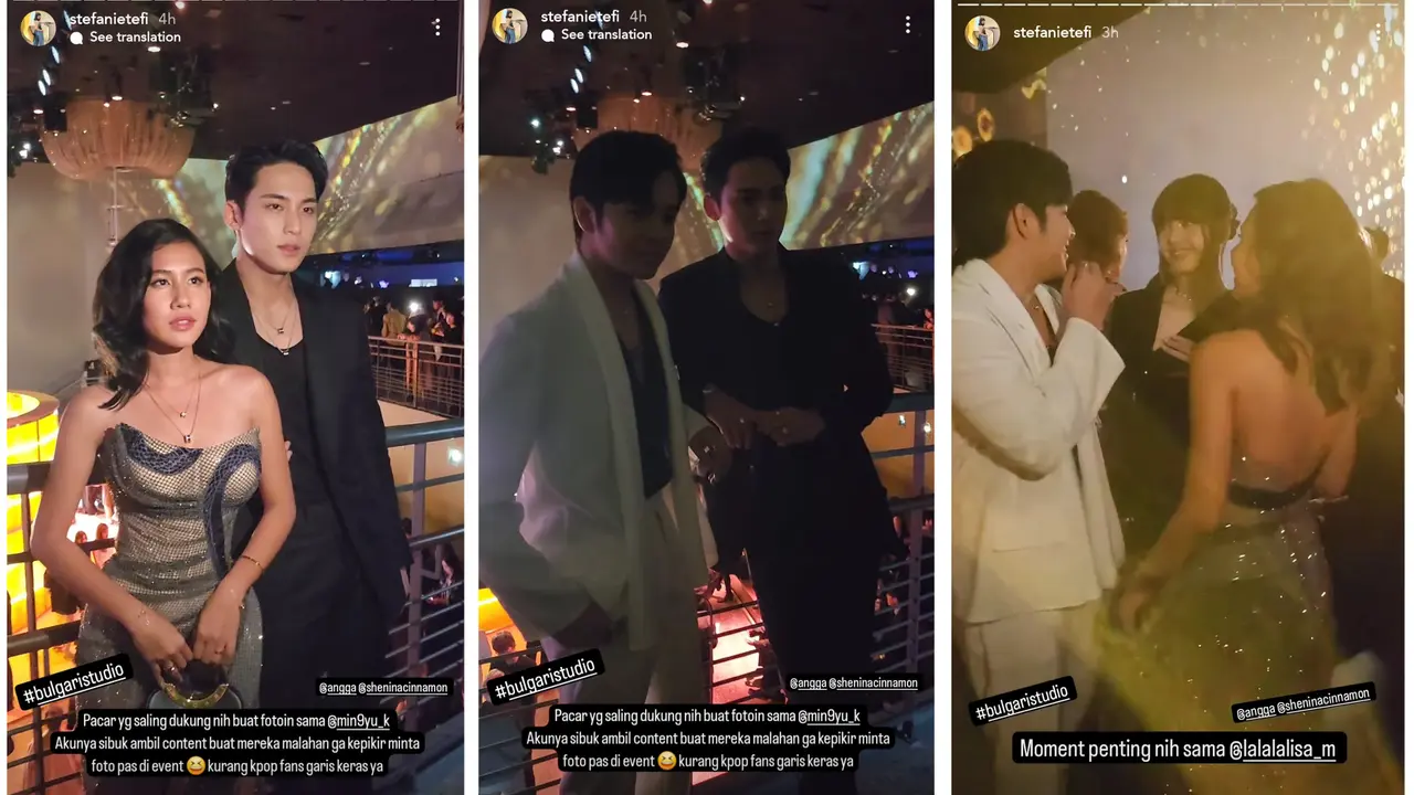 Angga Yunanda dan Shenina Cinnamon Jadi Sorotan Saat Bertemu Lisa BLACKPINK dan Mingyu Seventeen di Acara Bulgari Studio (Tangkapan Layar Instagram Stories @stefanietefi)