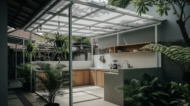 Desain Dapur Belakang Rumah yang Teduh dengan Rangka Baja Ringan/Gemini AI
