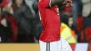 Ekspresi pemain Manchester United, Romelu Lukaku setelah mencetak gol ke gawang Basel pada laga grup A Liga Champions di Old Trafford, Manchester, (12/9/2017). MU menang 3-0. (AP/Frank Augstein)