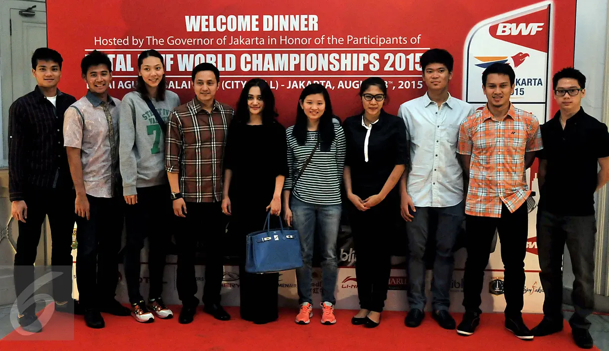 Sejumlah Pebulutangkis Nasional hadir dalam acara Welcome Dinner penyambutan Kejuaraan Dunia Bulutangkis 2015 di Gedung Balai Kota, Jakarta, Sabtu (8/8/2015).(Liputan6.com/JohanTallo)