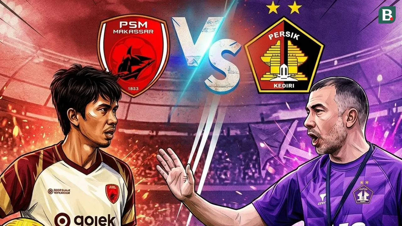Ilustrasi duel pelatih PSM vs Persik di BRI LIga 1. (Bola.com/Gemini)